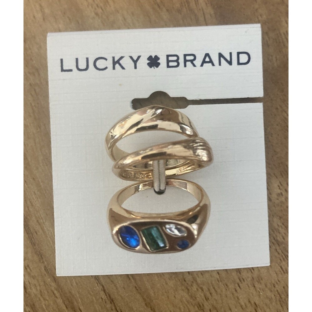 LUCKY BRAND Gold-Tone 3-Pc. Set Multicolor Mixed Crystal Stack Rings NEW